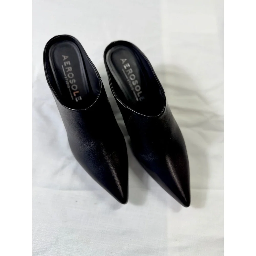Aerosoles Black Leather Mule Heels Womens 7.5M Pointed Toe Slip On Shoes